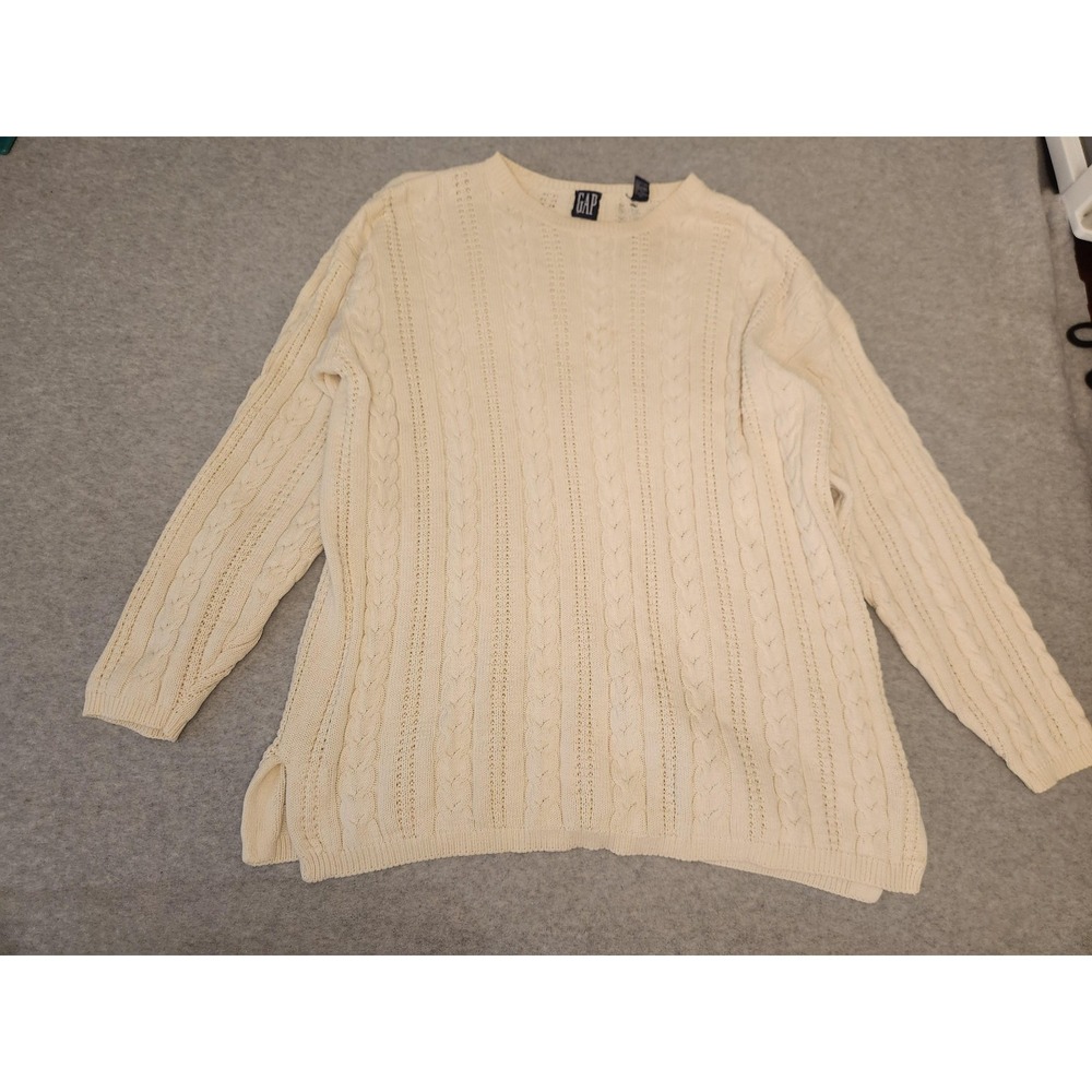Gap Sweater Womens Medium Ivory Cable‎ Knit Crewneck Pullover Fisherman